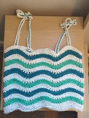 Crochet Wave Stripe Tank Top - White, Teal & Mint